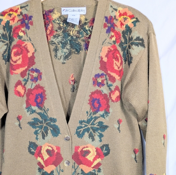 Vintage JH Collectibles Wool Floral Cardigan V-neck Sweater, Cozy, Grannycore PS - Picture 3 of 9